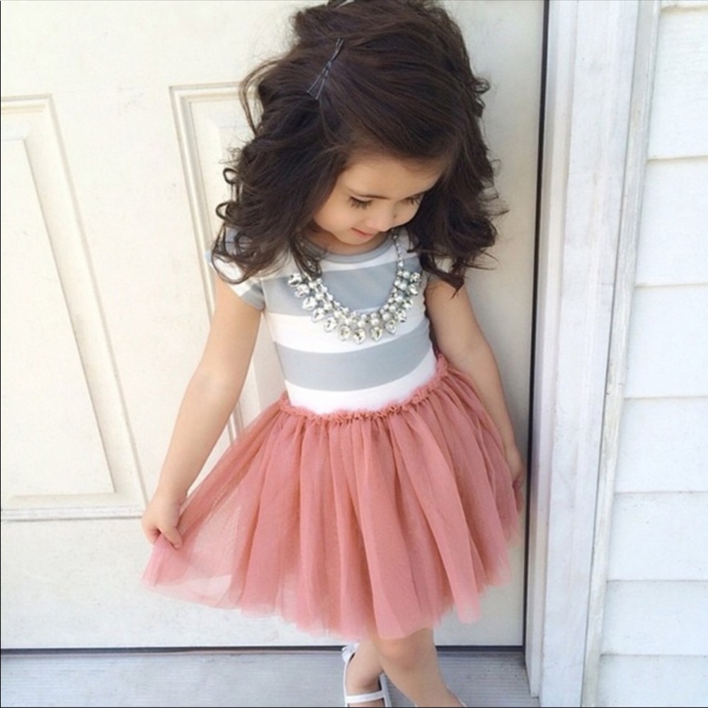 Kid’s Short Sleeve Dress with Coral Tulle Skirt